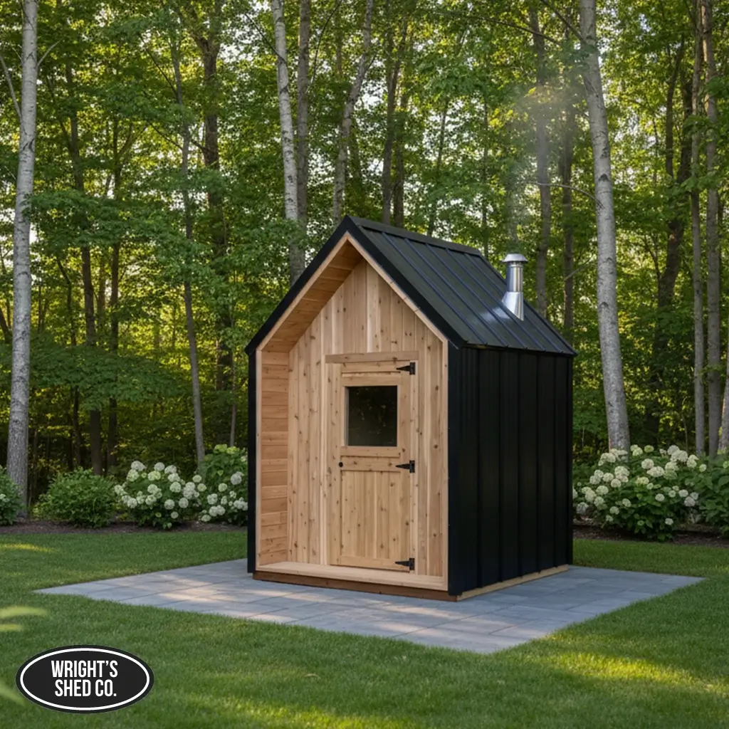 A compact shed sauna shows where to put a sauna in your backyard, surrounded by trees, lawn, and white hydrangeas.
