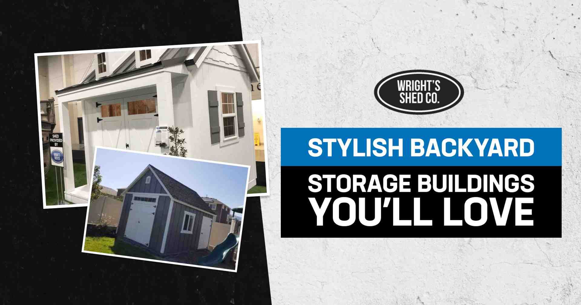 Two modern backyard storage buildings by Wright’s Shed Co., promoting stylish shed options.